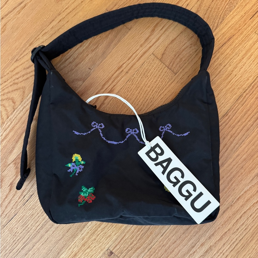 Baggu Black Mini Nylon Shoulder Bag Cross Stitch
